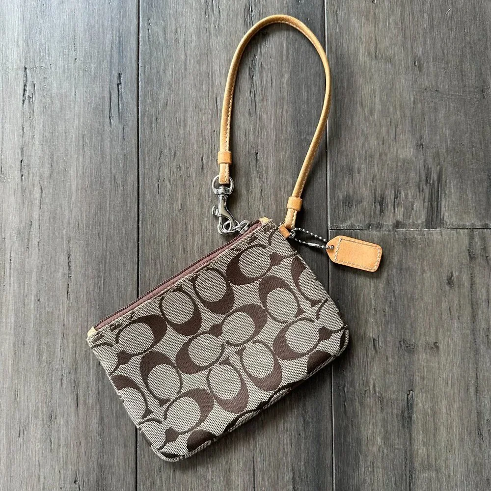 Vintage Y2K Coach Signature Canvas Khaki Tan Wristlet Wallet Mini Bag Purse